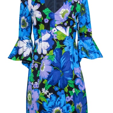 Trina Turk - Blue & Purple Floral Print Bell Sleeve Midi Dress Sz 8