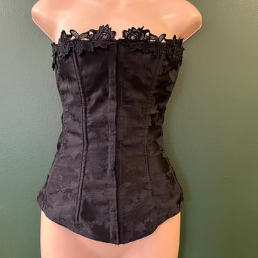 vintage black corset 1990s lace edge brocade boned corset 40 