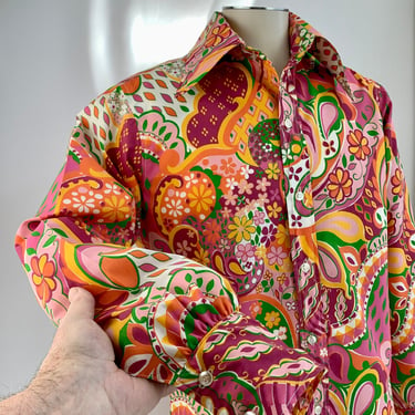 1960'S Psychedelic Shirt - Colorful Print in a Cotton Blend - Long Lapels, Puffy Sleeves & Double Buttoned Cuffs - Handmade - Men's LARGE 