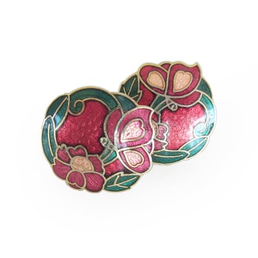 Cloisonné Earrings with Flowers and Butterflies in Pink and  Green, Clip on Earrings, Vintage Jewelry, Gift for Her 