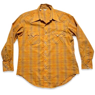 Vintage 1970s Shadow Plaid Western Shirt ~ size L to XL ~ Snap Button ~ Cowboy / Rockabilly ~ Dagger / Spearpoint Collar 