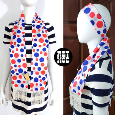 DEADSTOCK Vintage 60s 70s Red White Blue Polka Dot Long Scarf with Fringe 