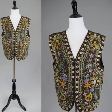90s Embroidered Vest - Black w/ Colorful Embroidery Flowers Swirls Lines - Dated 1990 - 45" chest 