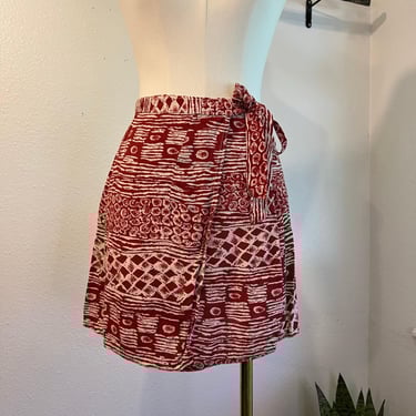 Vintage 90s Red & White Boho Indie Wrap Style Beach Summer Mini Skirt Size Small 