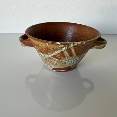 1980's Vintage Organic Art Studio Pottery Bowl W/ Handles, Signed 