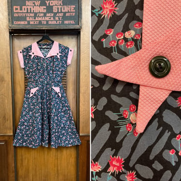 Vintage 1950’s Black & Pink Cotton Atomic Floral Print Rockabilly Dress, 1950’s Atomic Print, 1950s Dress, Rockabilly, Hostess Dress, Volup 