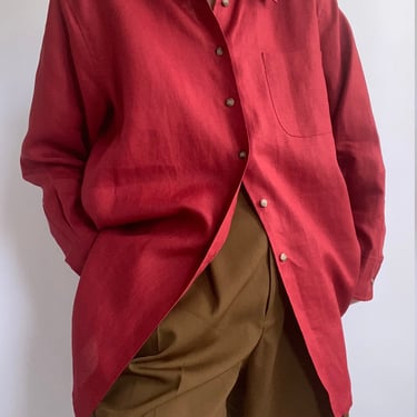vintage red linen button down blouse 