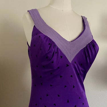 Vintage 80s Maxine of Hollywood One Piece Bathing Suit with Abstract Triangles and Stripes Purple & White; 90s Neon Swimsuit V-Neckline 