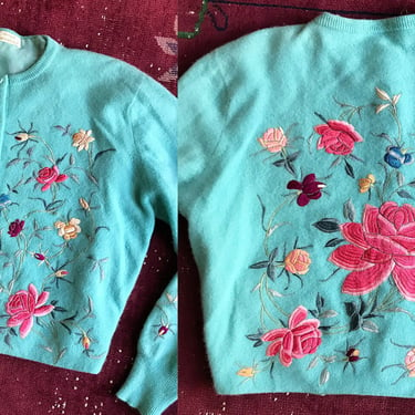 Lush Vintage 1950's/1960's Hand Embroidered Hand Appliqué Cashmere Sweater -- Size Large - X Large 