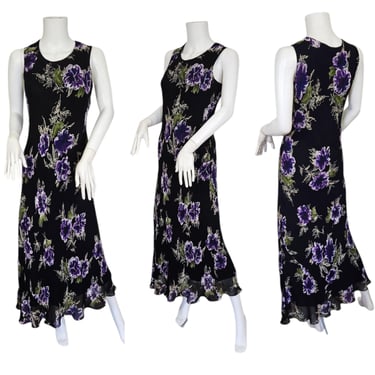 1990s Black Purple Floral Print Bias Cut Sleeveless Maxi Slip Dress I Sz Lrg I American Angel 