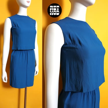 Cute Simple Chic Vintage 50s 60s Solid Blue 2-Piece Skirt & Sleeveless Top Set 
