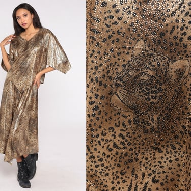 Shiny Animal Print Dress 80s Leopard Maxi Dress Trapeze Handkerchief Hem Short Angel Sleeves Dramatic 1980s Party Statement Vintage Large L 