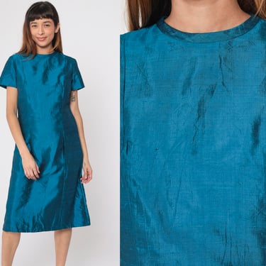 Blue Silk Dress 60s Party Dress Iridescent Midi Dress A Line Short Sleeve A-line Formal Evening Cocktail Aline Vintage 1960s Extra Small xs 