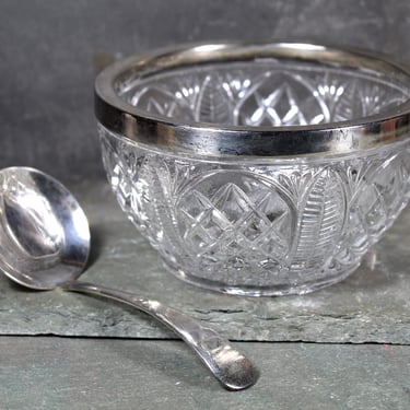 Vintage Pressed Glass Condiment Bowl with Silver Lip and Spoon | English Glass Bowls | Vintage Serving | Holiday Table 