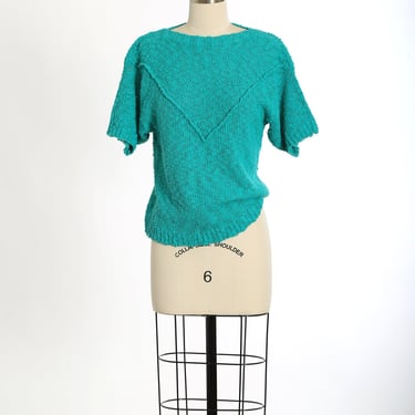 Vintage 80s crochet knit teal green Chevron sweater 