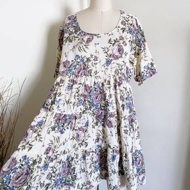 Vintage 90's Floral Silk Printed Dress, babydoll Style 