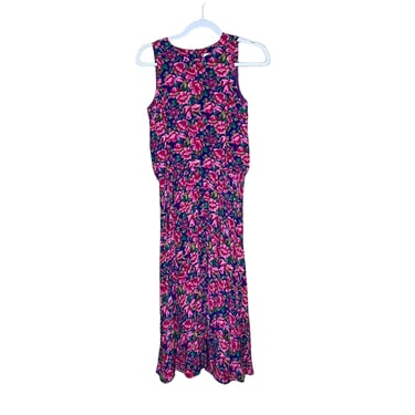 Vintage Adrianna Papéll Bright Pink Floral Silk Midi Pleated Dress Belted Womens Size 6 