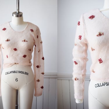 Vintage Y2K Embroidered Mohair Top by Esprit | S | 1990s Loose Knit Sheer Cropped Mohair Pullover with Floral Decoration 