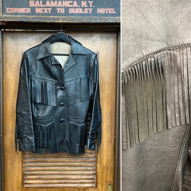 Vintage 1950’s Jet Black Fringe Western Cowgirl Rockabilly Leather Jacket, 50’s Rodeo, Vintage Clothing 