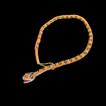 Rare 1920s Choker / Marigold Yellow Orange Beaded Snake Necklace / Prisoner of War Bead Crochet Snake Serpent / Trench Art 