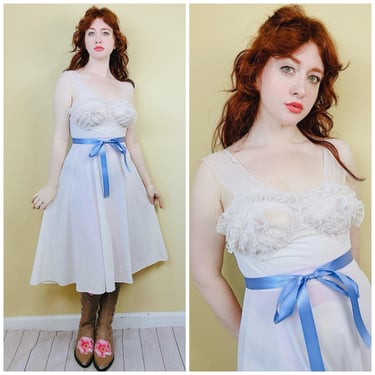 1960s Vintage White Nylon Ruffled Bust Slip Dress / 60s / Sixties Bombshell Cupcake Fit and Flare Nightgown / Small - Medium 