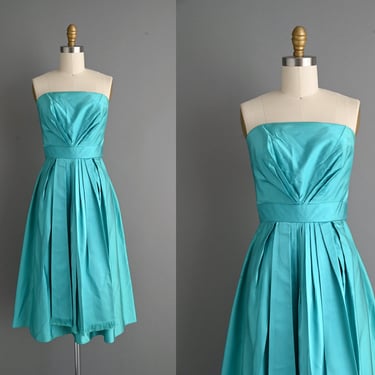 Vintage 1950s Dress l Miss Brooks Strapless Party Dress | XS Small 