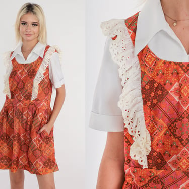 70s Apron Dress Patchwork Floral Mini Dress Layered Pinafore Pointed Collar Short Sleeve Flower Print Day White Orange Vintage 1970s Large L 