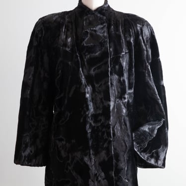 Dramatic 1940's Glossy Obsidian Black Fur Swing Coat With Pockets / SM