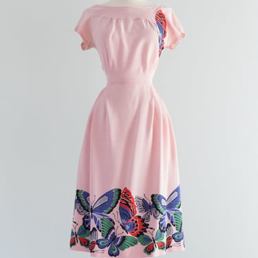 Late 1940's Butterfly Border Print Light Pink Rayon Dress / Waist 29&quot;