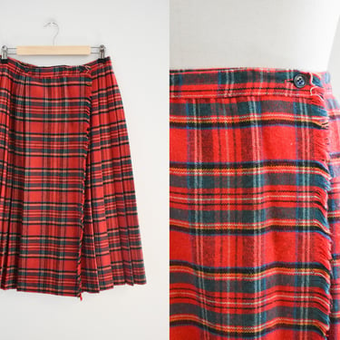 1970s/80s Red Plaid Pleated Wrap Midi Skirt 