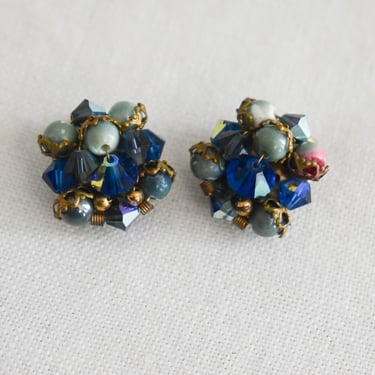 1950s Blue Bead Cluster Clip Earrings 