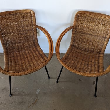 Mid Century Modern Pair of Calif-Asia Style Bamboo and Wicker Basket Chairs c. 1950's 