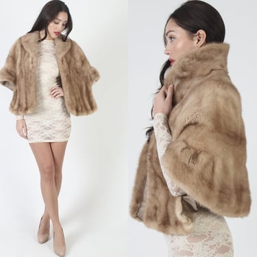 60s Natural Light Brown Mink Capelet / Real Vintage Large Shawl Collar / Cropped Lined Shrug With Pockets 