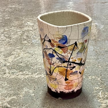 Mid-Century Raku Pottery Vase - Crackle Glaze - Abstract Figural Design - Signed - Artisan Crafted 