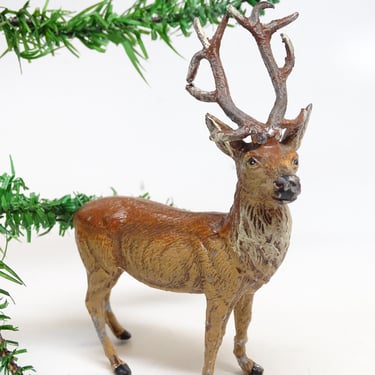 Antique German Metal Reindeer Hand Painted, Toy Lead Deer for Christmas Putz or Nativity 