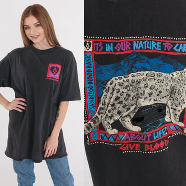 San Diego Blood Bank Shirt 90s Snow Leopard T-Shirt Graphic Tee In Our Nature to Care Single Stitch Black Vintage 1990s Medium Large 