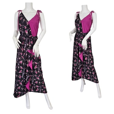 1970's Fuchsia Pink Black Rose Print Poly Maxi Dress I Sz Med I Sleeveless I Flutter 