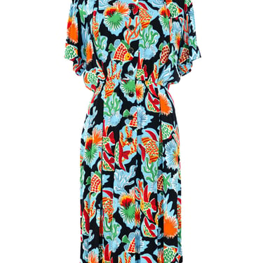1980's Yves Saint Laurent Tropical Print Crepe Dress