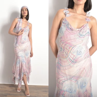 Vintage 2000s Dress / Y2K Diane Freis Floral Silk Rosette Dress / Pink Blue ( S M ) 