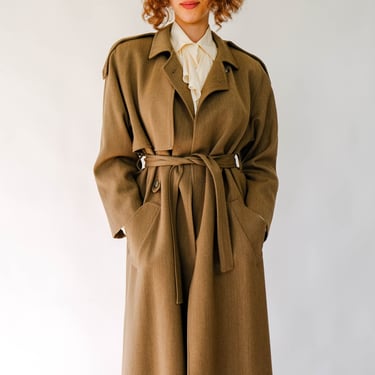 Vintage 70s Distressed Olive Green Wool Gabardine Belted Swing Overcoat | Made in USA | 100% English Wool Gabardine | 1970s Designer Jacket 