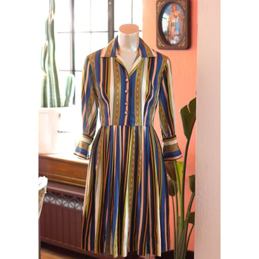 Vintage Striped Southwestern Dress - 1970s - UNIQUE Handmade One of a Kind - Boho - Woven, Pleated, Green, Blue 
