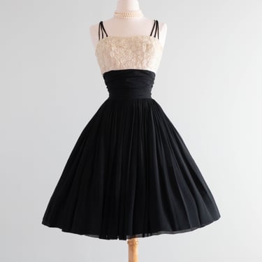 The Sweetest 1950's Black Chiffon Party Dress By Miss Elliette / Small