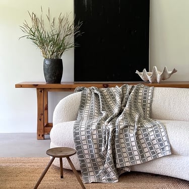 Vintage Cream Grey Patterned Throw Blanket | Cotton Blend Checkerboard Coverlet | 60" x 80" | BL104 