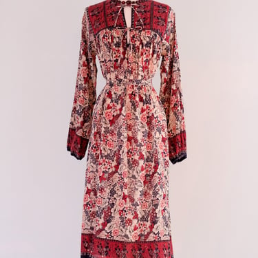 Iconic 1970's Garnet Red & Navy Blue Indian Cotton Gauze Dress / Sz M