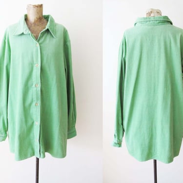 Vintage 90s Mint Green Corduroy Button Up Long Sleeve Shirt  L XL  - 1990s Grunge Boxy Oversized Cord Jacket Pastel 