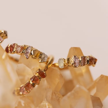 healing crystal ring, raw sunstone and topaz ring, orange gemstone jewelry, energy protection ring, carnelian birthstone ring 