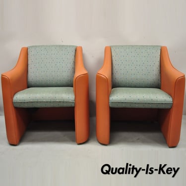 Modern Orange Upholstered Green Polka Dot Club Lounge Chairs - a Pair