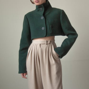 3138 / geoffrey beene wool green check cropped jacket / s / m / l 