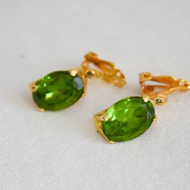 Vintage Green Rhinestone Dangle Clip Earrings 