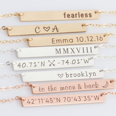 Coordinate Necklace, Custom Coordinates Bar Necklace, Latitude Longitude Engraved Bar Necklace in Gold Fill, Silver, Rose Gold, Gift For Her 
